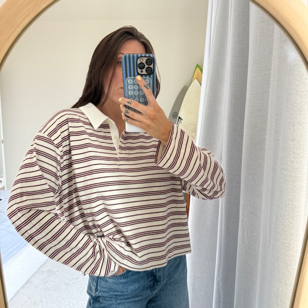 Gap Striped Rugby Polo Top in Cream and Burgundy